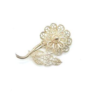 Vintage BAL Filigree Flower Brooch Silver Tone 3D Dainty Pin